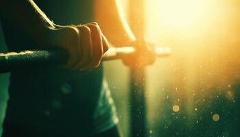 Close Up Of A Girl Holding A Barbell For Pulling And Squatting In The Gym. Sports, Fitness, Toned Image With Sunlight. Copyspace Available photo