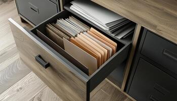 Render Of A File Cabinet With An Open Drawer Filled With Folders. This Illustration Showcases The Organization And Storage Capabilities Of The Cabinet photo
