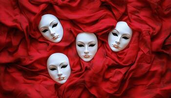Above View Of White Masks On Red Fabric In The Theater Arts Setting. Depicting A Striking Contrast And Creativity In Design photo