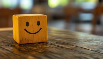 Happy Customer Service And Satisfaction. Business Receives Positive Feedback And Rating, Impressed By Wood Cube On Table Display photo
