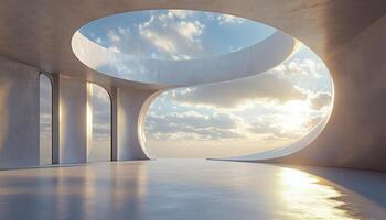 Spacious Empty Circular Room Visualized Using Digital Computer Rendering For A Sense Of Space And Dimension photo