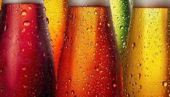 Close Up Of Several Beer Bottles With Condensation In Italy And Venezuela. Brewery, Swirling Beer With Dewdrops, Ured Liquid Effects photo