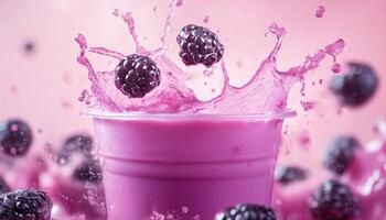 Close Up Shot Of Blackberry Smoothie In A Plastic Cup, Creating A Splash Effect High Definition Image With Vibrant Colors photo
