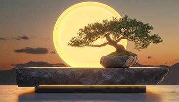 Japanese Abstract. Stone Podium And Bonsai Tree With Twilight Scenes In The Moon For Product Presentation Rendering photo
