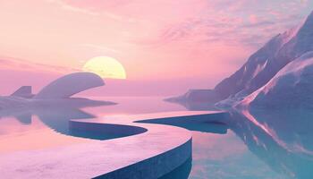 Abstract Surreal Pastel Landscape Featuring Architecture, Geometric Shapes, And A Stunning Gradient Sky Over A Calm Lake photo