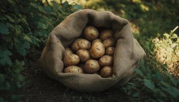 Fresh Ripe Potatoes Spilled Out From An Overturned Sack Outdoors. The Scene Depicts A Bountiful Harvest Of Delicious And Freshly Picked Potatoes photo