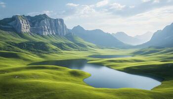 Digital Rendering Of Green Grassland With Lakes Showcasing A Peaceful And Scenic Landscape. The Vibrant Colors And Serene Setting Are Visually Captivating photo