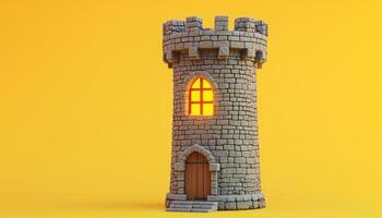 Low Poly Medieval Tower With Cannon Game. Single Castle With Wooden Window Light, Ancient Fortress Rendered In Stylized Stone On Yellow photo