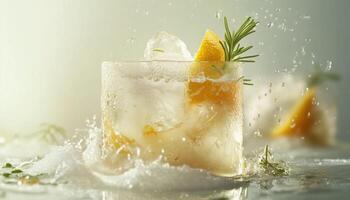 Refreshing Cocktail. Gin Tonic With Ice, Lemon, And Rosemary In A Frozen Glass For A Naturally Cool And Delicious Drink photo