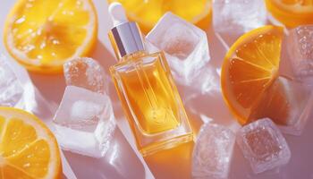 Vitamin C Serum In A Pipette Bottle Enhancing Freshness And Skincare Benefits, Standing Out Against Ice Cubes With Sharp Contrast photo