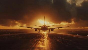Modern And Fastest Mode Of Transportation. Commercial Jet Landing On Runway With Dramatic Sun Sky On. A Contemporary And Efficient Travel Option photo