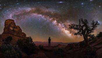 Silhouette Of A Person Standing Beneath The Vast Milky Way In The Utah Desert, Showcasing The Serene And Majestic Night Landscape Of The Usa photo