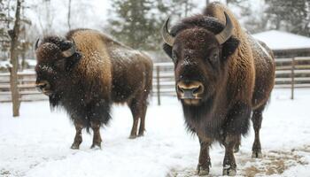 Bison Roaming In A Snow Covered Forest Within A Captive Setting, Observing The Majestic Creatures In Their Natural Habitat photo