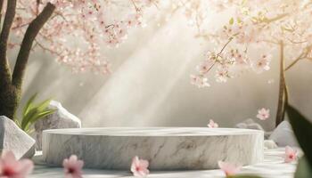 Japanese Garden. The Essence Of Nature In Light And Stone Podium With White Cherry Blossom For Branding And Product Presentation Rendering photo