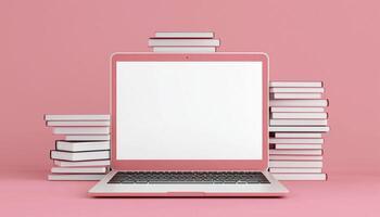 Empty White Screen Laptop Mockup With A Stack Of Books For Education On Technology, Placed On A Pink Pastel Background. Cute And Smooth Rendering photo