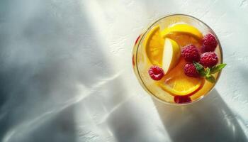 Refreshing Summer White Sangria With A Medley Of Fruits And Berries, Infused With Apple, Lemon, Oranges, And Raspberry. Light Concrete Table With Ample Space For Copy photo