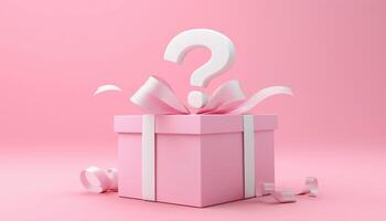 Unboxing A Gift Box. White Question Mark Symbol On Pink Background. Faq Or Frequently Asked Questions Concept. High Quality Image With Clipping Path photo