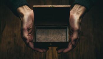 Hands Reveal The Secrets Of A Mysterious Box Unveiling Its Contents With Intriguing Surprise And Tantalizing Mystery. Uncover The Enigma photo