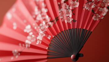 Traditional Chinese Red Fan. A Digital Rendering Of A Timeless Decorative Element In Computer Graphics. Classic Beauty With A Modern Twist photo