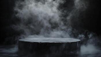 Smoke Canopy On Grey Concrete Surface. An Abstract Halloween Background For Product Placement In The Dark With Defocused Elements photo