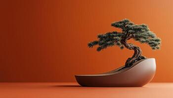 Japanese Abstract. Podium And Bonsai Tree For Product Presentation In Brown Tones. High Quality Rendering Included photo