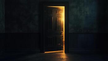Golden Light Glow Effect As Door Opens In Empty Dark Room Rendered To Create A Striking Visual Impact photo