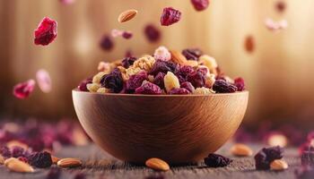 Mix Of Nuts And Dried Berries In A Wooden Bowl. Air Dried Fruits And Nuts Ready For Snacking. Flying High With Flavor. photo