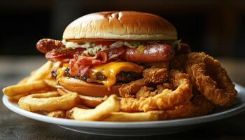 Symbolic Representation Of Overeating. A Fast Food Diet Featuring Onion Rings, Burgers, Hot Dogs, Fried Chicken, French Fries, And Pizza On A Greasy Plate photo