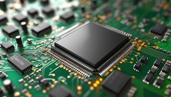 Digital Rendering Of Circuit Board And Electrical Chip Core Showcasing Intricate Details And Precision In A Technological Advancement photo