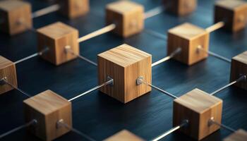 Connection Between Wooden Cubes Forms A Business Franchise Network With Linked Stores For Communication And Logistics. Growing Chain Store Network photo