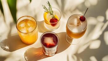 Various Delectable Cocktails Displayed On Table. Alcoholic Cocktail Featuring Fruits, Herbs, And Ice Arranged On A White Surface. View From Above photo