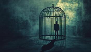 Feeling Trapped In A Prison. A Metaphor For Business Career Frustration Or Human Repression Metaphor Inside A Giant Bird Cage. photo