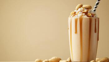 Caramel Peanut Butter Smoothie Milkshake With Plenty Of Peanuts, Topped With Caramel Sauce On A Beige Background With Copy Space. photo
