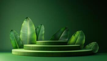 Create Banana Leaf Products Inspired By Nature With Geometric Designs On A Six Tiered Empty Pedestal, Circular Podium Wall, Progressive Gradient, And Platform For Presentation photo