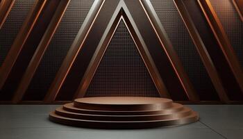 Abstract Geometric Podium In Brown For Product Presentation. 3d Rendering. Presenting Products On A Stylish And Modern Platform. Dynamic Visual Experience photo