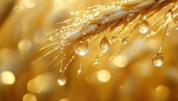 Close Up Macro Shot Of Dew Drops On A Ripe Wheat Ear In Sunlight, Capturing The Beauty Of Nature With Soft Golden Blur Background photo