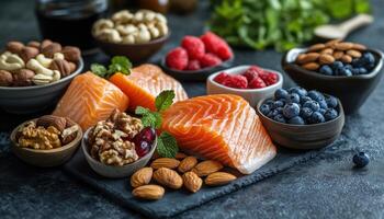 Power Up Your Brain With Nutrient Rich Brain Foods. Nuts, Fish, Vegetables, And Berries Packed With Omega 3 Fatty Acids For Cognitive Health photo