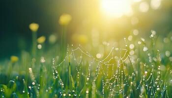Close Up View Of Dew Droplets Adorning A Spider Web In Nature. Stunning Water Droplets On A Cobweb Among Grass In Spring Or Summer photo