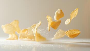 White Background With Clear Focus On Falling Kettle Potato Chips, Capturing The Full Depth Of Field In Stunning Detail photo