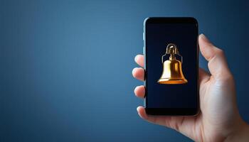 Young Business Hand Using Smartphone With Alert Notifications And Bell Ringing For Communication. Smart Device Alerting On Important Notifications photo