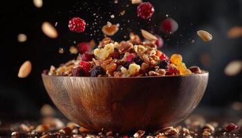 Assorted Dried Fruits And Nuts In Flight. A Combination Of Nuts And Dried Berries Served In A Handcrafted Wooden Bowl photo