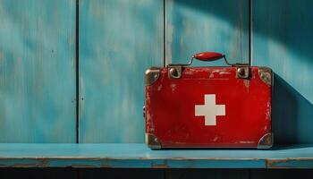Close Up Shot Of A First Aid Kit Placed On A Blue Wooden Table, Showing Every Detail In Detail And Clear Focus photo