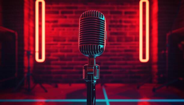 Red And Blue Neon Lights Enhance This Studio Microphone, Creating A Vibrant And Dynamic Look. Ample Space Is Available For Rendering Projects photo