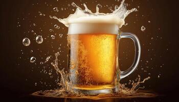 Refreshing Beer With Fizzy Bubbles And Droplets Splashing Around. A Perfect Quencher For Thirst And An Enjoyable Experience To Savor photo