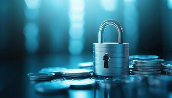 Security System Items For Financial Security. Money Lock With Padlock On Blue For Safe Transactions And Information Protection Rendering photo