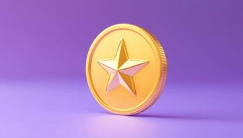 Golden Coin With Star Champion. 1st Place Winner. Adorable And Sleek Design. Top Award Game With Quality Assurance And Premium Guarantee Floating On Purple Pastel. Artwork. photo