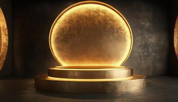 Creating A Luxurious Golden Scene With Geometric Shapes, Three Empty Pedestals, Circular Wall Design, And Gradual Size Gradient Platform For Product Showcase photo