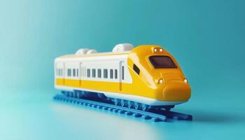 Yellow And White Bullet Train Toy For Summer Travel With Blue Sky Background Ideal For Planning Tourist Train Adventures. photo