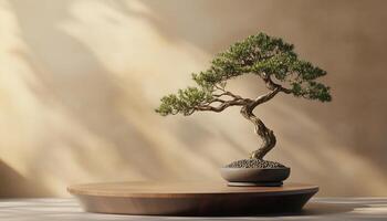 Japanese Podium And Bonsai Tree With Brown Abstract Product For Product Presentation Rendering photo