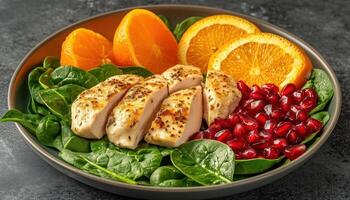 Healthy Eating Salad With Chicken, Orange, Spinach, And Pomegranate Seeds. A Nutritious And Delicious Option For A Balanced Diet photo